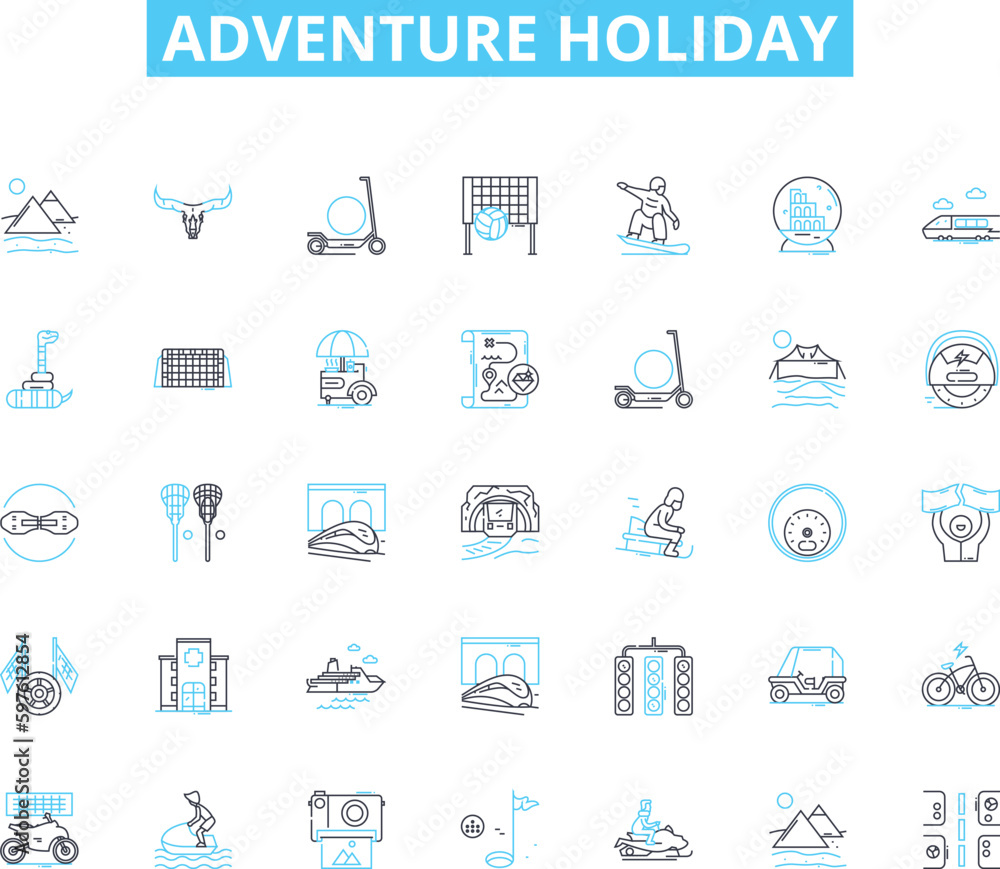 Adventure holiday linear icons set. Thrill, Explore, Adrenaline, Risk, Expedition, Safari, Trek line vector and concept signs. Journey,Travel,Challenge outline illustrations Adventure holiday linear icons set. Thrill, Explore, Adrenaline, Risk, Expedition, Safari, Trek line vector and concept signs. Journey,Travel,Challenge outline illustrations
