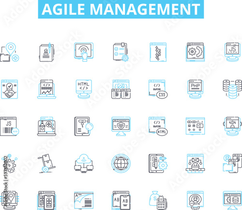 Agile management linear icons set. Iterative, Collaboration, Flexibility, Scrum, Lean, Kanban, Sprint line vector and concept signs. Feedback,Empowerment,Continuous outline illustrations