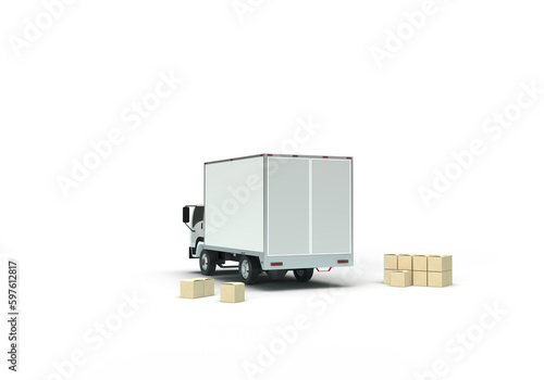 A car truck transports cardboard boxes. 3d render on the topic of freight transportation, relocation, delivery, courier. Minimal style, transparent background.