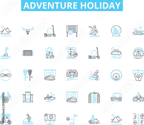 Adventure holiday linear icons set. Thrill, Explore, Adrenaline, Risk, Expedition, Safari, Trek line vector and concept signs. Journey,Travel,Challenge outline illustrations
