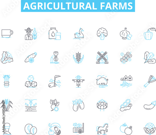 Agricultural farms linear icons set. Harvest, Livestock, Crops, Irrigation, Fertilizer, Tractor, Soil line vector and concept signs. Seeds,Barn,Harvesting outline illustrations