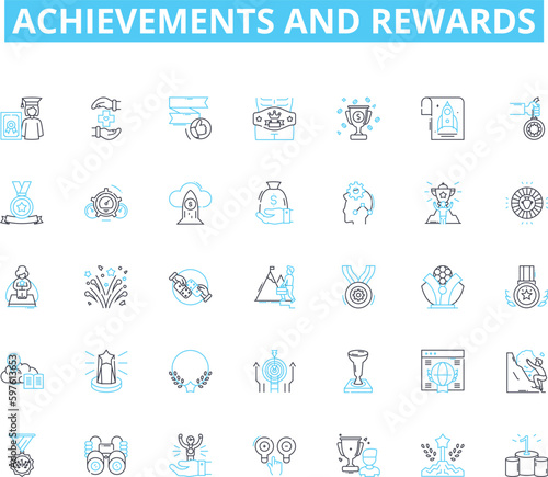 Achievements and rewards linear icons set. Accomplished, Successful, Victory, Champion, Achievement, Accomplishment, Success line vector and concept signs. Triumph,Prosperity,Bonus outline