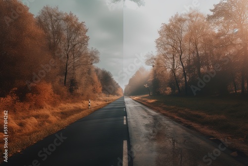 A stunning wallpaper of a road that splits in two time zones, leading into the infinite distance.