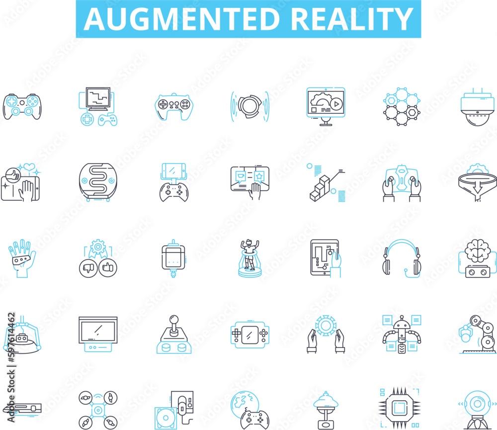 Augmented reality linear icons set. Hologram, Virtual, Overlay, Immersive, Interactive, Projection, Adaptation line vector and concept signs. Simulation,Enhancement,D outline illustrations Augmented reality linear icons set. Hologram, Virtual, Overlay, Immersive, Interactive, Projection, Adaptation line vector and concept signs. Simulation,Enhancement,D outline illustrations