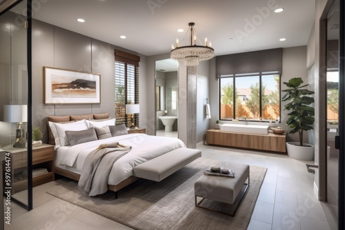 Master bedroom suite. Spacious master bedroom suite with a king-sized bed  a sitting area  walk-in closets  and an en-suite bathroom with a Jacuzzi tub. Generative AI