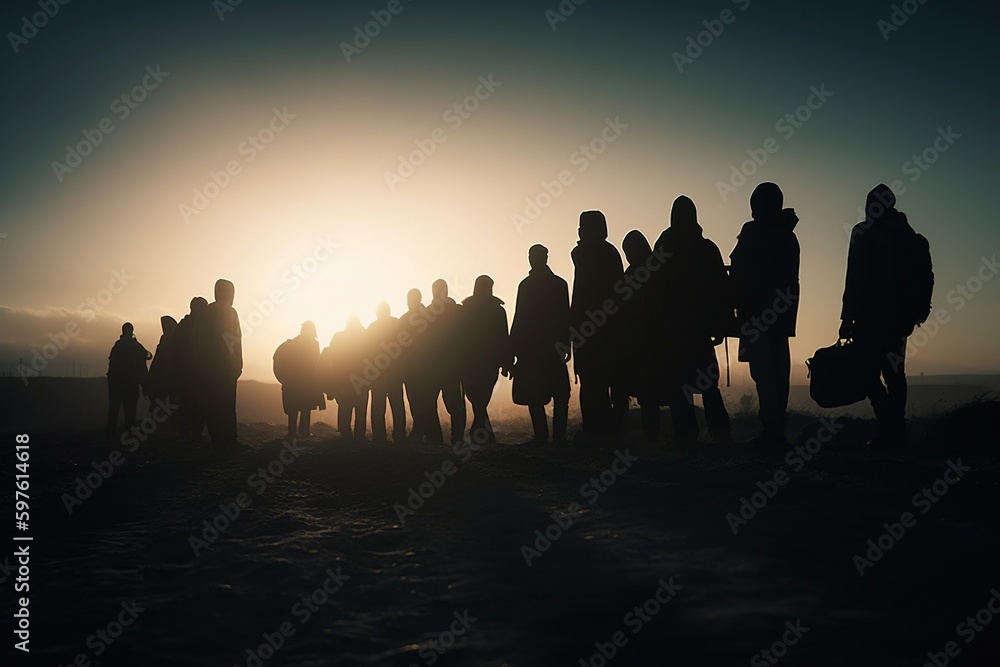 Refugee migrate climate change and global political issues humanitarian demographic catastrophe hungry children Crisis due to war, war victims suffered during and as a result of hostilities - obrazy, fototapety, plakaty 