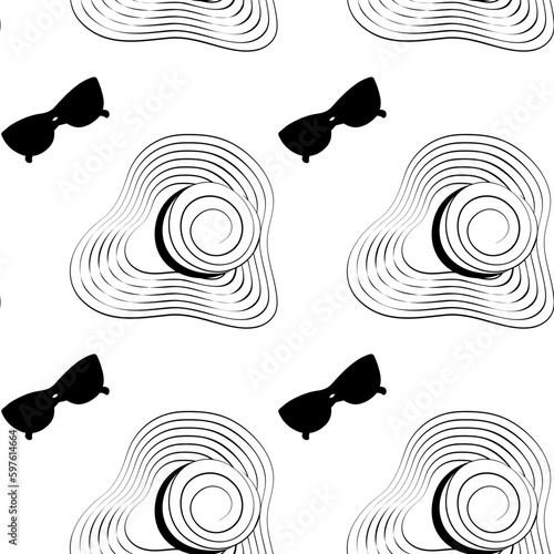 Seamless pattern of contour drawing a hat with wide brim and a strips around and sunglasses. Isolate