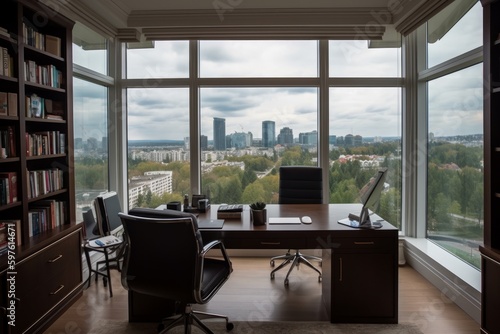 Home office with a view  Show a home office with a desk and comfortable chairs facing a large window with a breathtaking view of the city. Generative AI