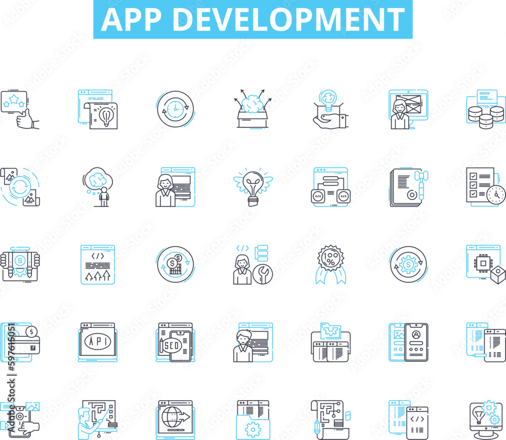 App development linear icons set. Platform, Framework, Code, Interface, Compatibility, Usability, Functionality line vector and concept signs. Design,Integration,User experience outline illustrations App development linear icons set. Platform, Framework, Code, Interface, Compatibility, Usability, Functionality line vector and concept signs. Design,Integration,User experience outline illustrations