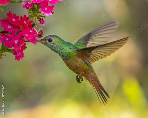 Hummingbird feeding on some flowers in a garden © Miguel Romero