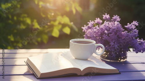 Cup of coffee with book and Lilly flowers. Illustration AI Generative.
