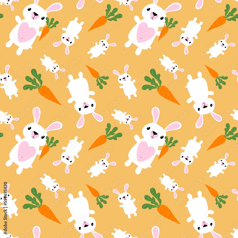 Fototapeta premium Cartoon animals seamless Easter eggs and rabbit and paint bunnies pattern for wrapping paper and kids clothes print