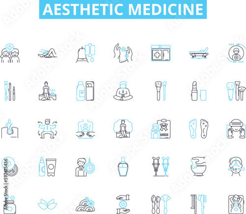 Aesthetic medicine linear icons set. Botox, Fillers, Laser, Sculpting, Contouring, Micro-needling, Peels line vector and concept signs. Facials,Hydration,Anti-aging outline illustrations