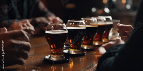 Beer glasses on dark table. Generative AI