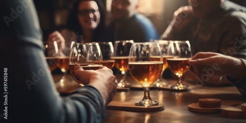Beer glasses on dark table. Generative AI