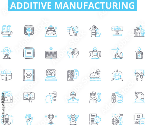 Additive manufacturing linear icons set. D printing, Layering, Polymerization, Filament, Resin, Laser, Retraction line vector and concept signs. Extrusion,Sintering,Rapid prototyping outline