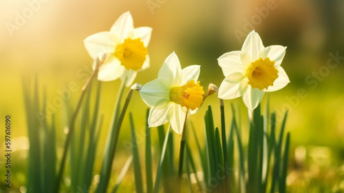 Daffodils flower background. Illustration AI Generative.
