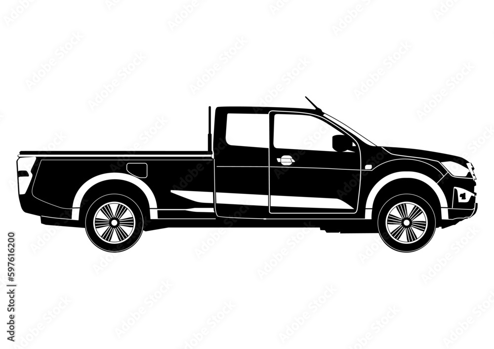 Silhouette of a modern pickup. Side view. Editable vector consisting of two shapes: black and white.