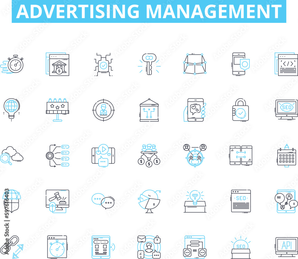 Advertising management linear icons set. Promotion, Branding, Marketing, Strategies, Campaigns, Media, Messages line vector and concept signs. Creativity,Audience,Analysis outline illustrations Advertising management linear icons set. Promotion, Branding, Marketing, Strategies, Campaigns, Media, Messages line vector and concept signs. Creativity,Audience,Analysis outline illustrations