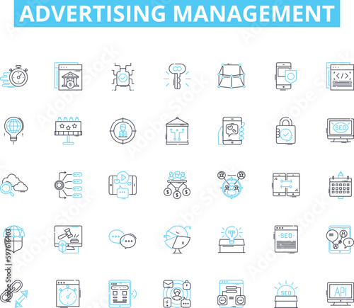 Advertising management linear icons set. Promotion, Branding, Marketing, Strategies, Campaigns, Media, Messages line vector and concept signs. Creativity,Audience,Analysis outline illustrations