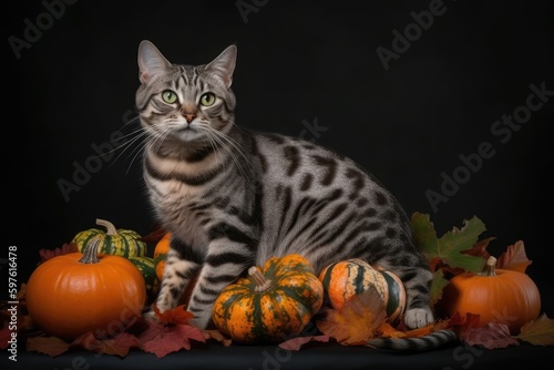 cat perched atop a heap of pumpkins. Generative AI © 2rogan