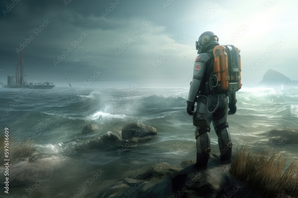man standing on a rocky beach with a lighthouse in the background. Generative AI man standing on a rocky beach with a lighthouse in the background. Generative AI