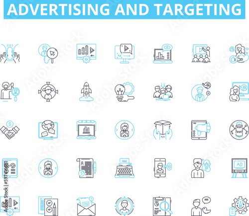 Advertising and targeting linear icons set. Segmentation, Demographics, Persona, Psychographics, Market, Target, Branding line vector and concept signs. Positioning,Messaging,Audience outline