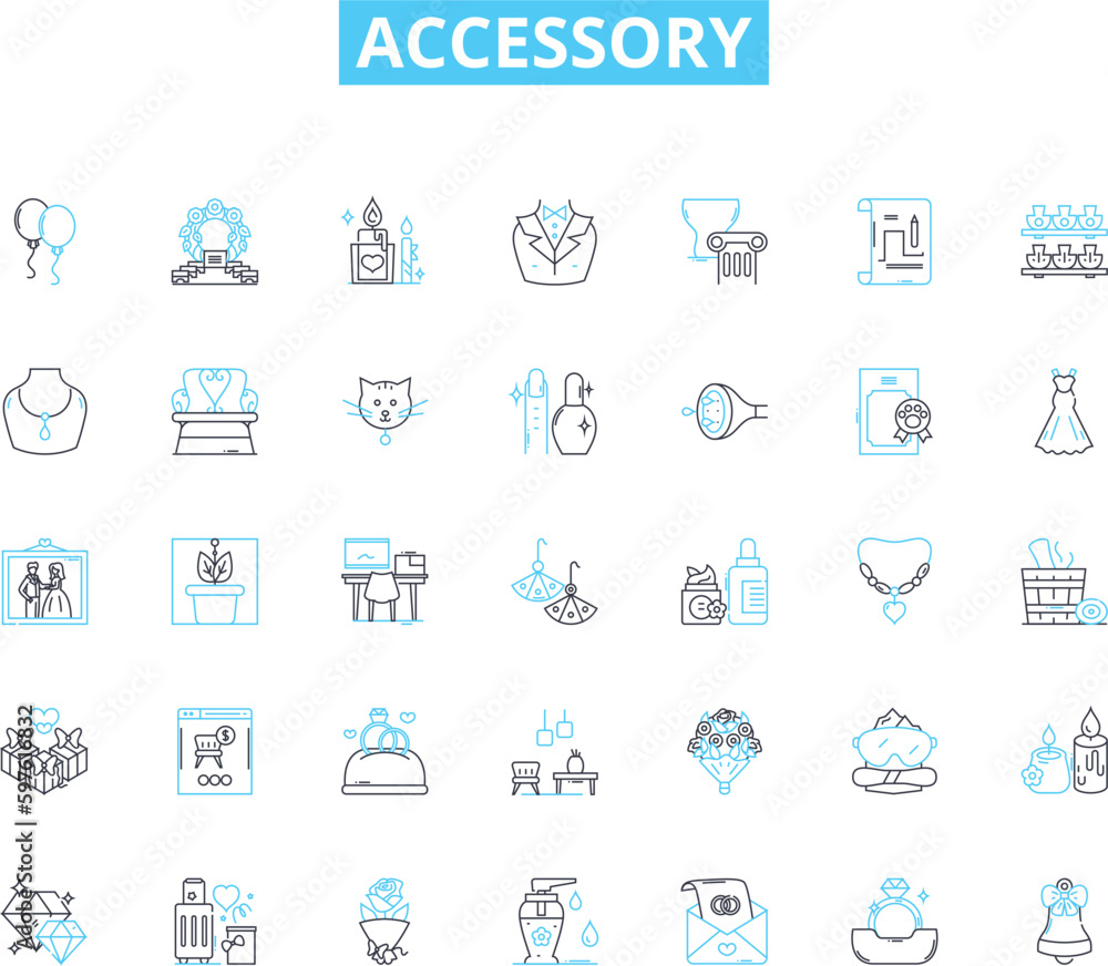 Accessory linear icons set. Bracelet, Earring, Necklace, Ring, Brooch, Scarf, Purse line vector and concept signs. Wallet,Sunglasses,Hat outline illustrations Generative AI