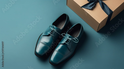 Mens Shoes with Gift Box and Bow in Masculine Blues and Browns - Fathers Day Gift Guide Theme - Generative AI