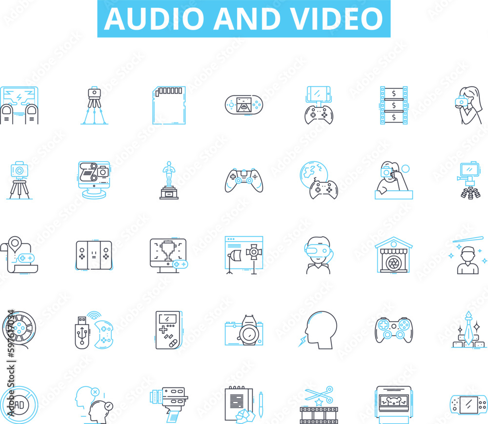 audio and video linear icons set. Playback, Streaming, Editing, Mixing, Recording, Encoding, Sampling line vector and concept signs. Synthesis,Amplification,Visualization outline Generative AI audio and video linear icons set. Playback, Streaming, Editing, Mixing, Recording, Encoding, Sampling line vector and concept signs. Synthesis,Amplification,Visualization outline Generative AI