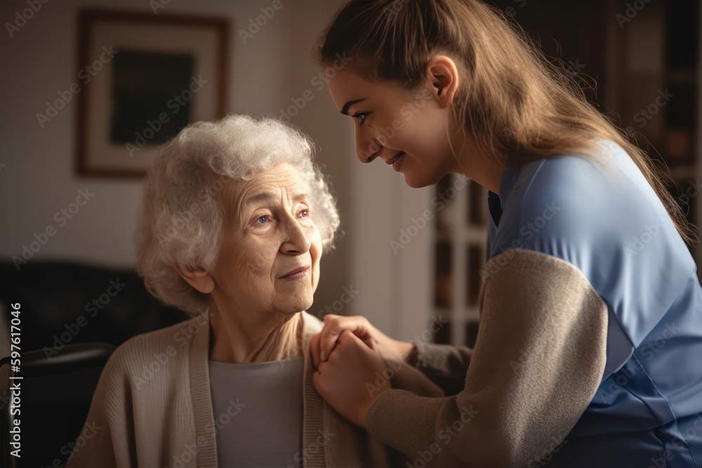 Female Caregiver assisting senior woman. Generative AI Female Caregiver assisting senior woman. Generative AI