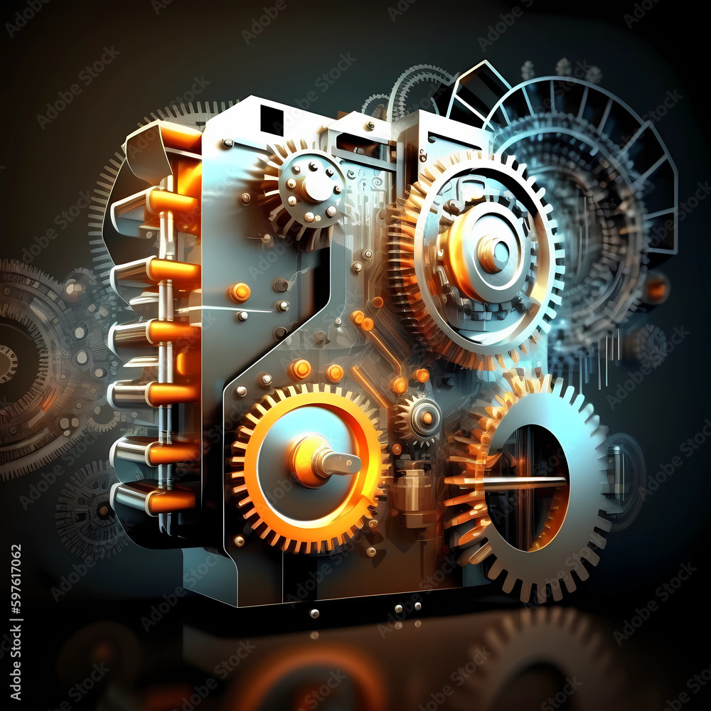 Generative AI, mechanical system with gear wheel, engineering and technology development concept.