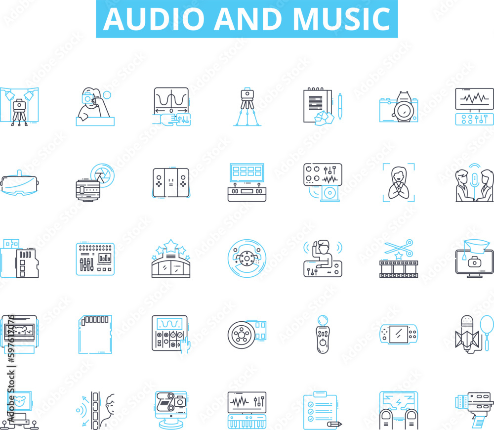Audio and music linear icons set. Melody, Rhythm, Harmony, Tempo, Beat, Groove, Vibe line vector and concept signs. Sound,Instrument,Voice outline illustrations Generative AI Audio and music linear icons set. Melody, Rhythm, Harmony, Tempo, Beat, Groove, Vibe line vector and concept signs. Sound,Instrument,Voice outline illustrations Generative AI
