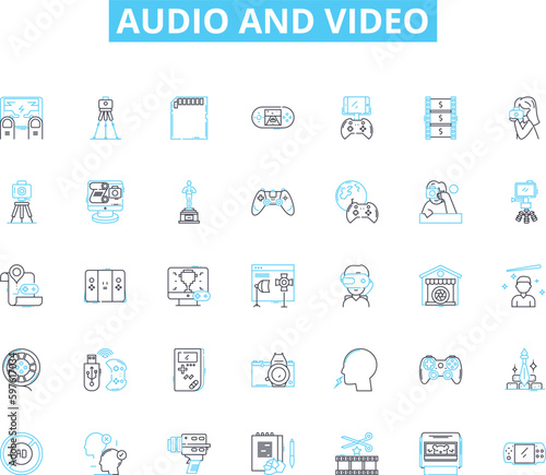 audio and video linear icons set. Playback, Streaming, Editing, Mixing, Recording, Encoding, Sampling line vector and concept signs. Synthesis,Amplification,Visualization outline Generative AI