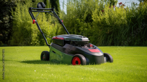 Lawn mover on green grass. Illustration AI Generative