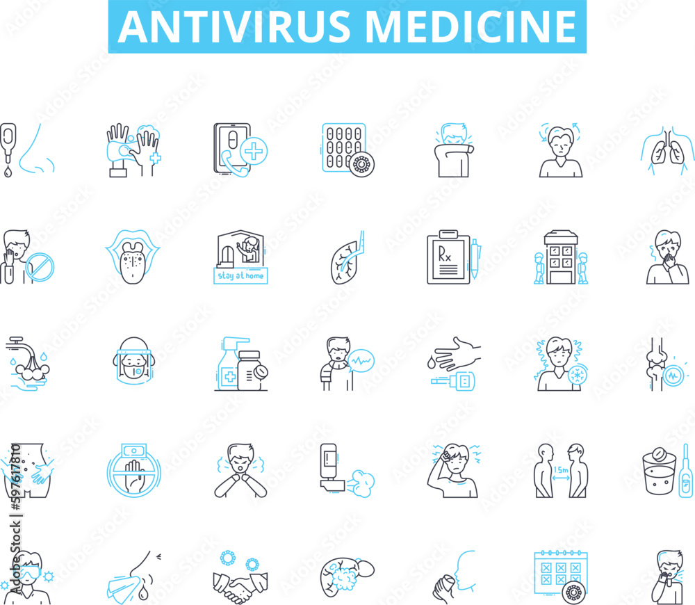 Antivirus medicine linear icons set. Protection, Security, Safety, Defense, Shield, Immunity, Firewall line vector and concept signs. Antiviral,Antimicrobial,Antitoxin outline Generative AI