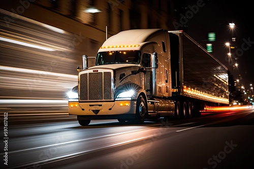 A truck speeding in the city at night. Ai generative.