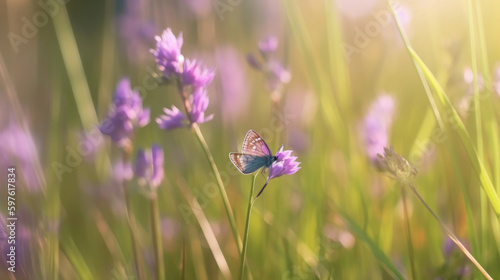 Natural background with butterfly on field. Illustration AI Generative