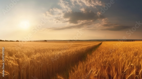 Field of ripe golden wheat in rays of sunlight Illustration AI Generative. © olegganko