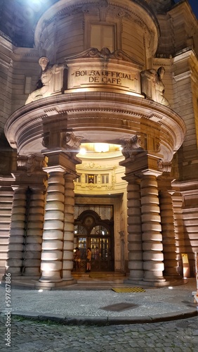 SANTOS, SP, BRAZIL. Facade of the Palácio da Bolsa Oficial de Café, currently the Coffee Museum, located in the historic center.