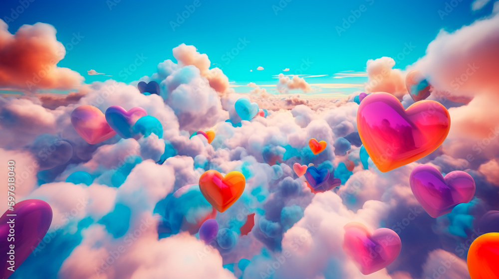 Beautiful colorful valentine day heart in the clouds as abstract background. Generative AI