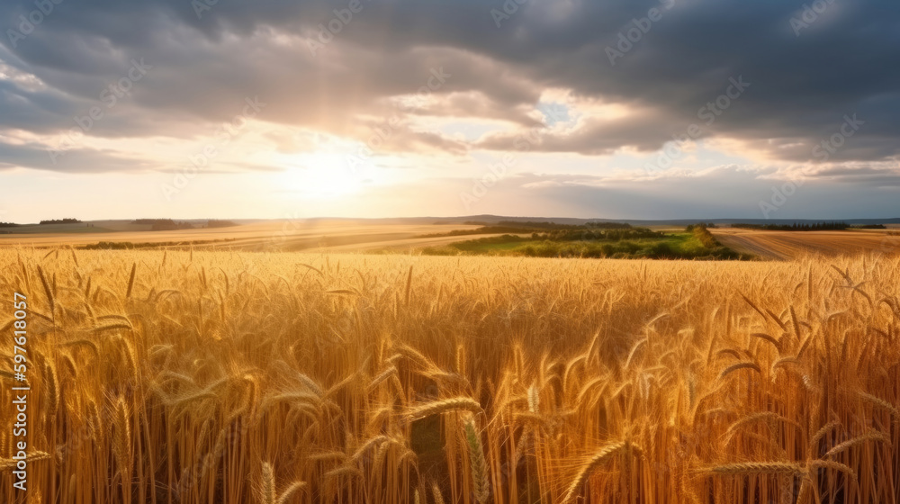 Field of ripe golden wheat in rays of sunlight Illustration AI Generative.