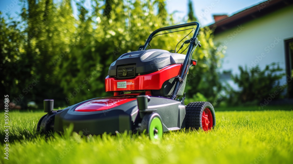 Obraz premium Lawn mover on green grass. Illustration AI Generative