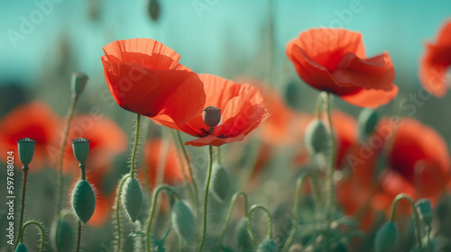Red poppies background. Illustration AI Generative.