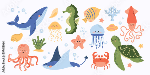 Vector set of marine life. Fish and wild marine animals isolated on white background. Sea life. Cute whale, squid, octopus, stingray, jellyfish,fish, crab, seahorse. Algae and seashells. Cartoon style