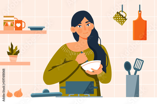 Woman cooking at home. Young girl with spoon and plate prepares dish. Novice cook, household chores. Homemade and tasty product. Housewife with utensil. Cartoon flat vector illustration