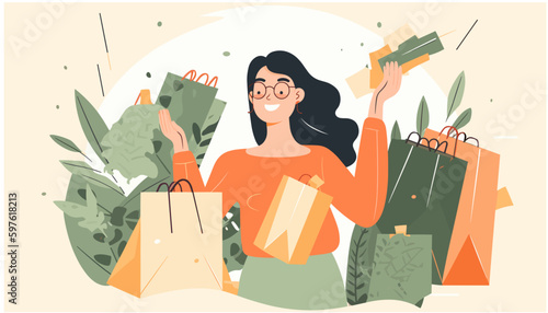 Excited Girl with shopping bags. Happy Girl or Woman. Vector illustration for sale advertising.
