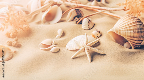 Sandy background with starfish and shells. Illustration AI Generative