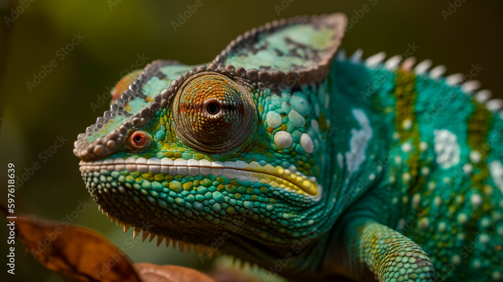 Obraz premium Green colored chameleon close up. Generative AI