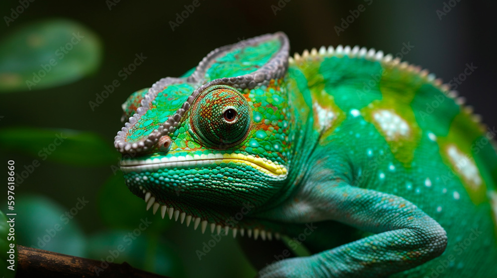 Fototapeta premium Green colored chameleon close up. Generative AI